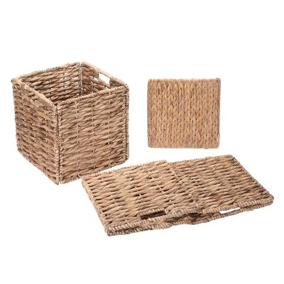 Set Of 2 Handmade Wicker Baskets - 12-Inch Square Foldable Storage Bins With Handles - Made Of Hand-Twisted Water Hyacinth By Villacera (Natural) - Image 3