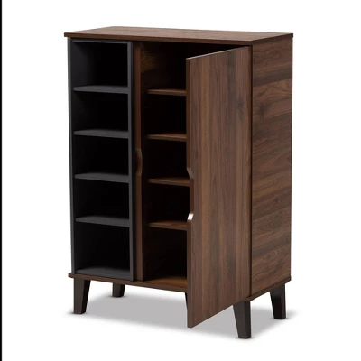 Idina Mid-Century Wood 1 Door Shoe Cabinet Dark Brown/Gray - Baxton Studio
