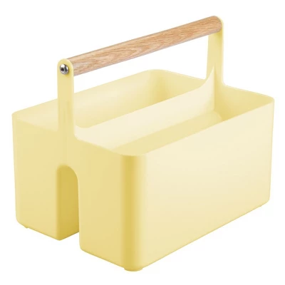 MDesign Plastic Portable Nursery Storage Caddy Tote With Wood Handle - Image 6