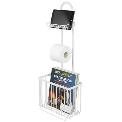 MDesign Metal Free Standing Toilet Paper Stand/Dispenser, Holds Tablet - Image 6