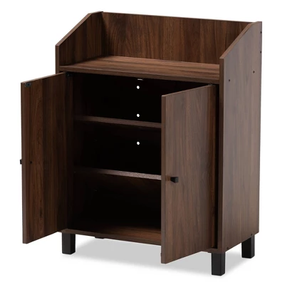 Rossin Walnut Finished 2 Door Wood Entryway Shoe Storage Cabinet With Open Shelf Brown - Baxton Studio - Image 9