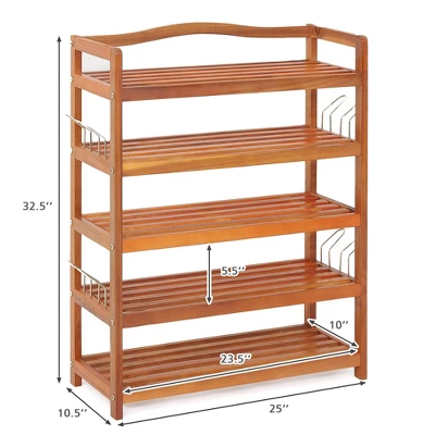 Costway 5-Tier Wood Shoe Rack Solid Acacia Wood Shoe Shelf With Side Metal Hooks - Image 5
