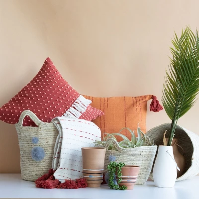 Set Of 3 Natural Corn Husk Decorative Storage Baskets With Hand Tied Pom Poms - Foreside Home & Garden - Image 2
