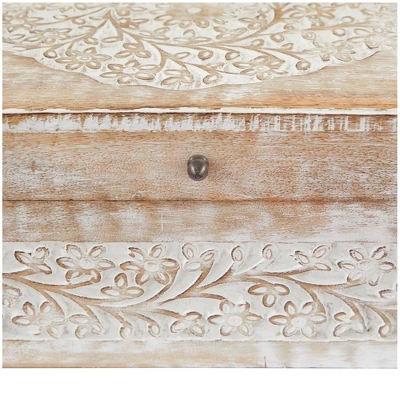 Set Of 3 Natural Mango Wood Whitewashed Carved Design Boxes With Lid - Olivia & May - Image 3