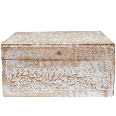 Set Of 3 Natural Mango Wood Whitewashed Carved Design Boxes With Lid - Olivia & May - Image 5