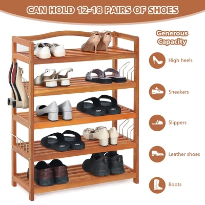 Costway 5-Tier Wood Shoe Rack Solid Acacia Wood Shoe Shelf With Side Metal Hooks - Image 8