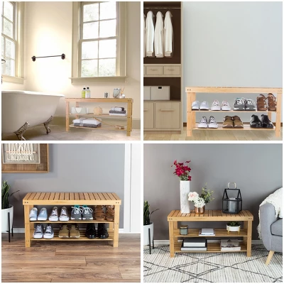 Hastings Home Natural Bamboo Shoe Rack Bench With 2 Shelves - Image 3
