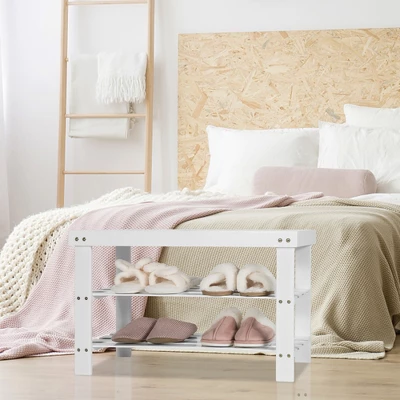 Costway Bamboo Shoe Rack Bench 3-Tier Storage Shelf Holder Home Entryway Hallway White - Image 7