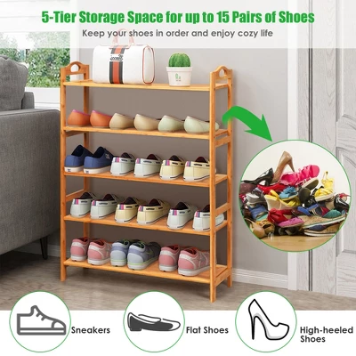 Costway 5-Tier Bamboo Shoe Rack FreeStanding Shoe Shelf Entryway Shoe Storage Organizer - Image 6