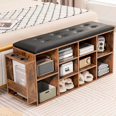 Costway Wooden Shoe Bench 10-Cube Storage Organizer With Padded Cushion & Umbrella Holder - Image 4