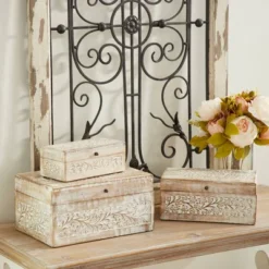 Set Of 3 Natural Mango Wood Whitewashed Carved Design Boxes With Lid - Olivia & May