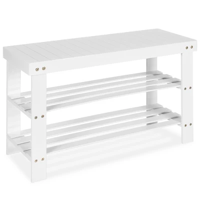 Costway Bamboo Shoe Rack Bench 3-Tier Storage Shelf Holder Home Entryway Hallway White - Image 9