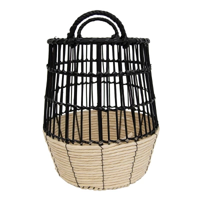 Natural Woven Black Rattan, Rope & Metal Basket - Foreside Home & Garden