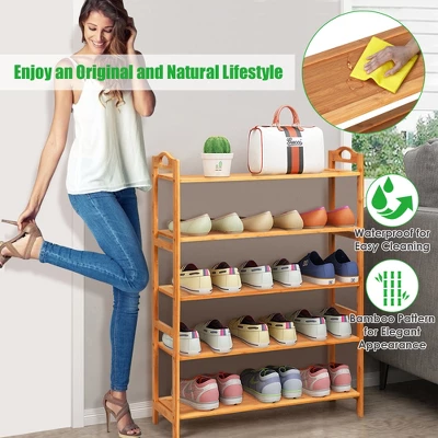 Costway 5-Tier Bamboo Shoe Rack FreeStanding Shoe Shelf Entryway Shoe Storage Organizer - Image 5