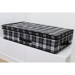Home Basics Plaid Non-Woven Under The Bed Storage Box With Label Window, Black