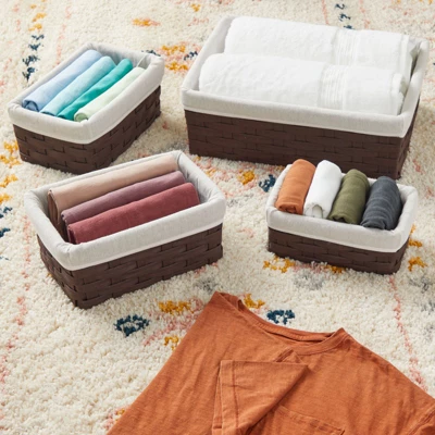 Juvale 5-Pcs Brown Small Rectangular Woven Nesting Baskets, Lined Wicker Set For Organizing Closet, Kitchen, Pantry Shelves, Bathroom (3 Sizes) - Image 4