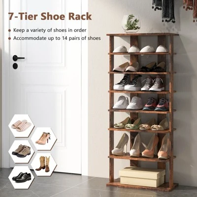 Tangkula 7-Tier Double Rows Shoe Rack Vertical Wooden Shoe Storage Organizer Rustic Brown/White - Image 4