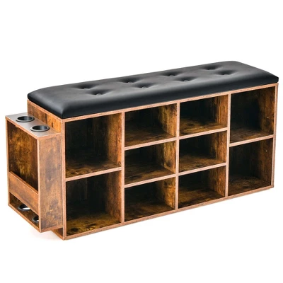 Costway Wooden Shoe Bench 10-Cube Storage Organizer With Padded Cushion & Umbrella Holder - Image 9