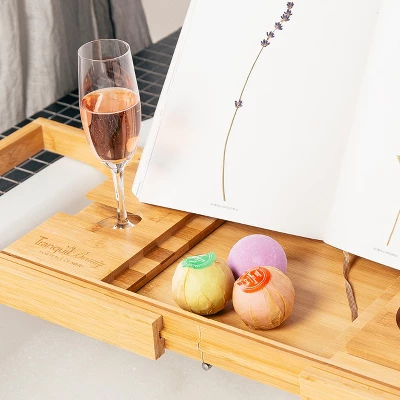 Tranquil Beauty 9" X 27" Premium Bath Caddy With Extendable Wooden Tray, Board With IPad, Tablet, And Phone Stand - Image 2