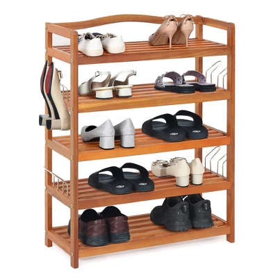 Costway 5-Tier Wood Shoe Rack Solid Acacia Wood Shoe Shelf With Side Metal Hooks - Image 7