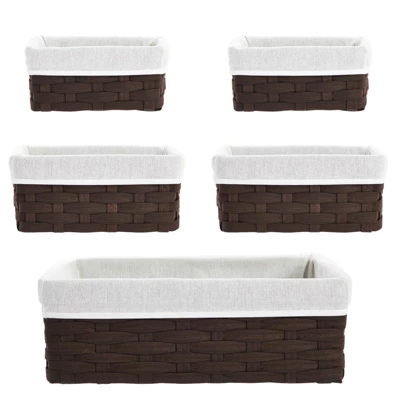 Juvale 5-Pcs Brown Small Rectangular Woven Nesting Baskets, Lined Wicker Set For Organizing Closet, Kitchen, Pantry Shelves, Bathroom (3 Sizes) - Image 6