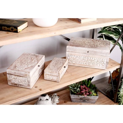 Set Of 3 Natural Mango Wood Whitewashed Carved Design Boxes With Lid - Olivia & May - Image 2