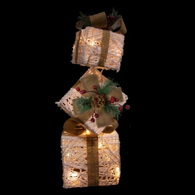 Northlight 25.25" LED Lighted White And Beige Stacked Gift Boxes Christmas Decoration - Image 2