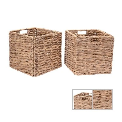 Set Of 2 Handmade Wicker Baskets - 12-Inch Square Foldable Storage Bins With Handles - Made Of Hand-Twisted Water Hyacinth By Villacera (Natural) - Image 2