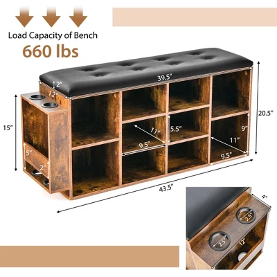 Costway Wooden Shoe Bench 10-Cube Storage Organizer With Padded Cushion & Umbrella Holder - Image 3