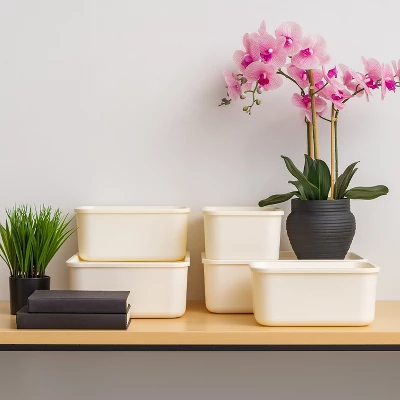 IRIS USA 4Pack Stackable Lidded Basket Storage Organizer Bins, Off White - Image 2