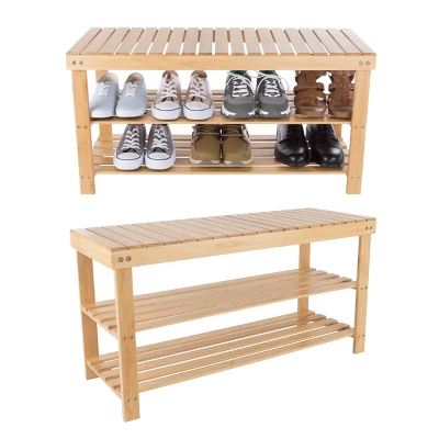 Hastings Home Natural Bamboo Shoe Rack Bench With 2 Shelves