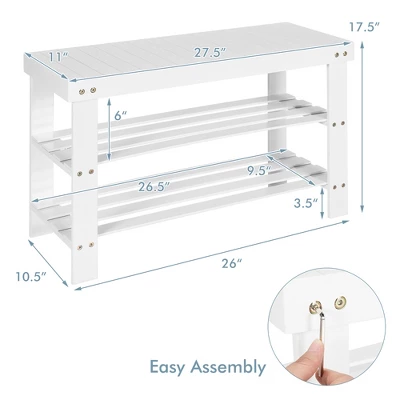 Costway Bamboo Shoe Rack Bench 3-Tier Storage Shelf Holder Home Entryway Hallway White - Image 2