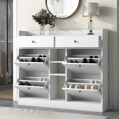 Clint 42.5" Height Shoe Rack Multifunctional 2-Tier Organizer With Drawers For 19 Pairs With 4 Flip Down Drawers-Maison Boucle