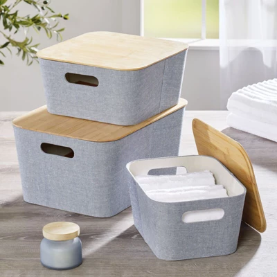 MDesign Modern Stackable Fabric Covered Bin With Bamboo Lid, 2 Pack - Image 2