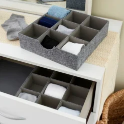 Household Essentials Set Of 2 9-Section Drawer Trays Graphite Linen