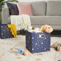 Okuna Outpost 4 Pack Fabric Storage Cube Bins, Cube Organizer, Blue With Gold Moons And Stars (11 X 11 In)