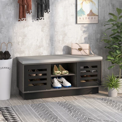 Costway Shoe Storage Bench With Cushion Shoe Storage Organizer Shoe Rack Entryway Grey/Natural