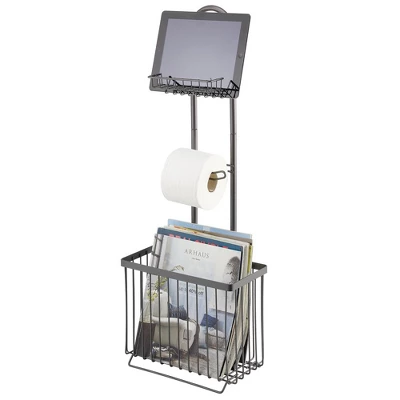 MDesign Metal Free Standing Toilet Paper Stand/Dispenser, Holds Tablet - Image 8