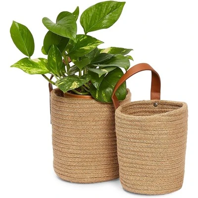 Farmlyn Creek 2 Pack Hanging Flower Planter Pots, Indoor Jute Woven Cotton Rope Plant Basket, Brown, 2 Sizes - Image 2