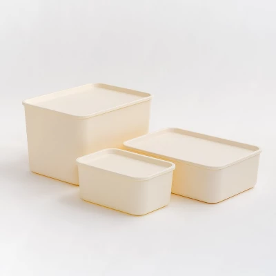 IRIS USA 4Pack Stackable Lidded Basket Storage Organizer Bins, Off White - Image 4