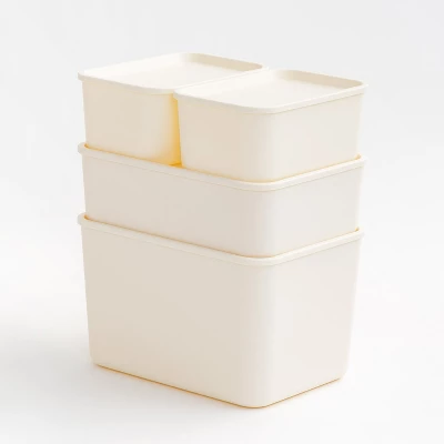 IRIS USA 4Pack Stackable Lidded Basket Storage Organizer Bins, Off White