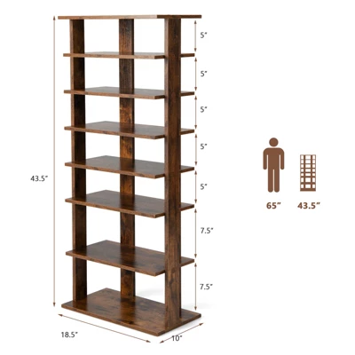 Tangkula 7-Tier Double Rows Shoe Rack Vertical Wooden Shoe Storage Organizer Rustic Brown/White - Image 3
