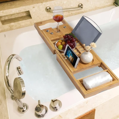 Unique Bargains Bamboo Non-Slip Expandable Bath Serving Table Tray Shower And Bath Caddies Brown 1 Pc - Image 2