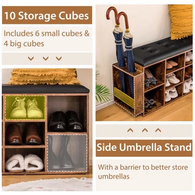 Costway Wooden Shoe Bench 10-Cube Storage Organizer With Padded Cushion & Umbrella Holder - Image 7