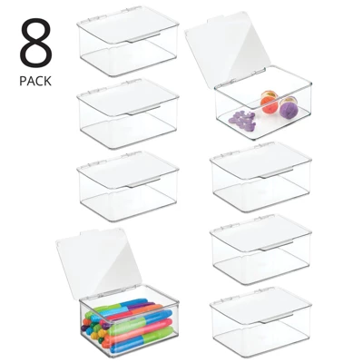MDesign Plastic Craft Room Storage Organizer Box With Hinged Lid, 8 Pack, Clear