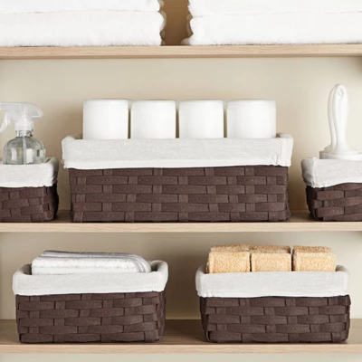 Juvale 5-Pcs Brown Small Rectangular Woven Nesting Baskets, Lined Wicker Set For Organizing Closet, Kitchen, Pantry Shelves, Bathroom (3 Sizes)