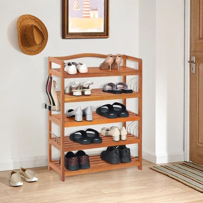 Costway 5-Tier Wood Shoe Rack Solid Acacia Wood Shoe Shelf With Side Metal Hooks - Image 2