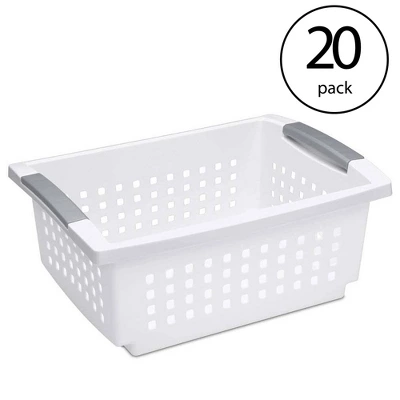 Sterilite Medium Sized Multipurpose Stackable Storage Basket Bin With Flip-Down Rails For Home And Office Organization, White (20 Pack)