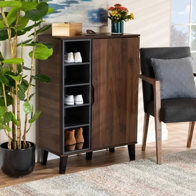 Idina Mid-Century Wood 1 Door Shoe Cabinet Dark Brown/Gray - Baxton Studio - Image 6