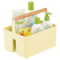 MDesign Plastic Portable Nursery Storage Caddy Tote With Wood Handle